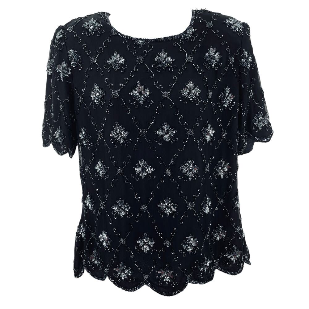 Stenay Vintage Black Silk Beaded Evening Short Sleeve Cocktail Formal Top L